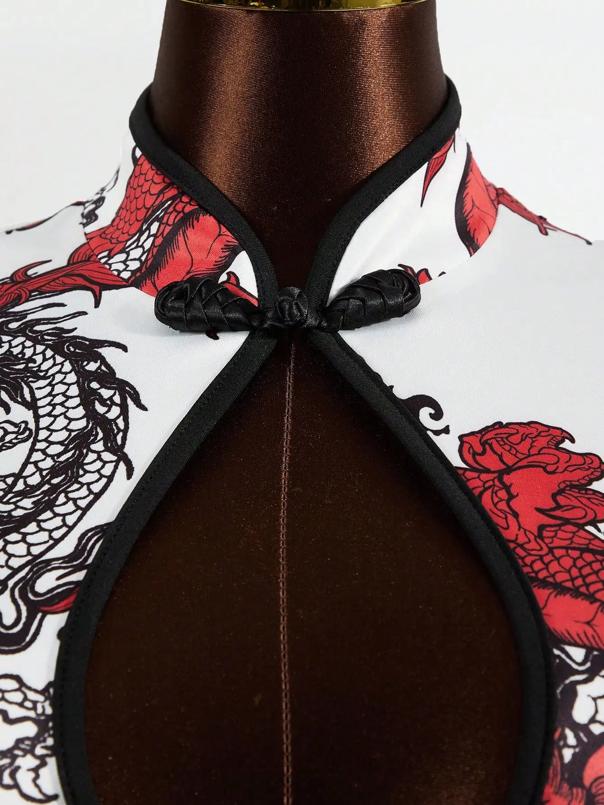 Women's Chinese Dragon Print Hollow-Out Bodycon Dress with Puff Sleeve and Button Detail