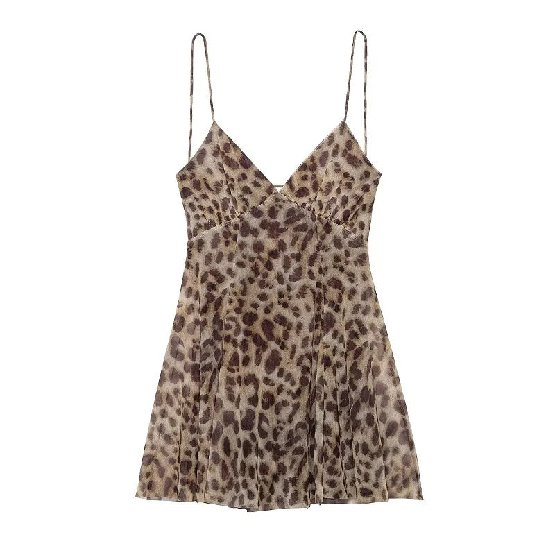 MUJER 2025 Tulle Mini Dress Woman Leopard Print Slip Dress Women Sexy Backless Short Dresses for Women Draped Party Dresses