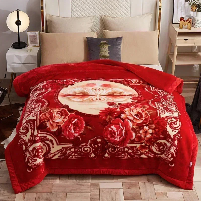 Korean Raschel 2-Ply Heavy Fleece Blanket, 78x90 Queen Size Reversible Geometric Plush Blanket