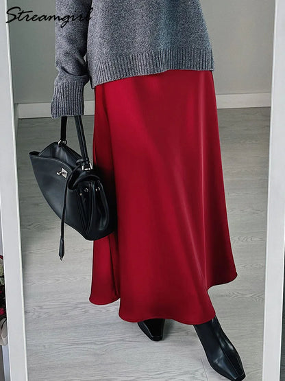 Long Satin Skirts Women Dark Green Luxury Spring Summer Maxi Straight Black Skirt Long Shining Satin Skirt Maxi Brown Ladies