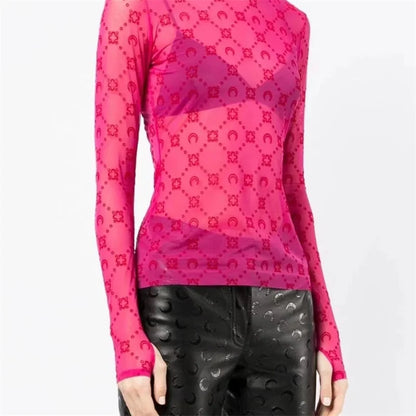 See Through Brand Women Tops Tulle Mesh Versatile Long Sleeve Moon Flocked Shirt Casual Thin  Blouses Y2k Sexy Sheer Blusas 959P