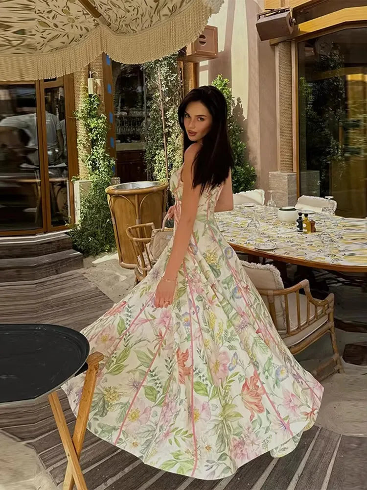 Elegant Printed Women's Summer Dress Sleeveless Halter Waist-closed A-line Lady Dresses Spring Fashion Female Vacation Robe 2026
