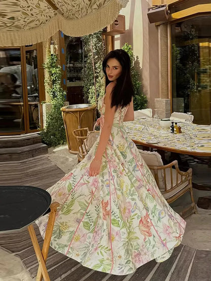 Elegant Printed Women's Summer Dress Sleeveless Halter Waist-closed A-line Lady Dresses Spring Fashion Female Vacation Robe 2026