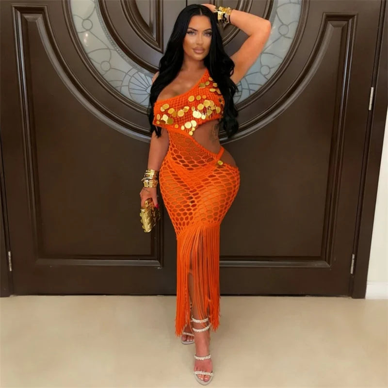 Sexy Fringe Tassel Knit Crochet Cover-up Beach Dress Women See Through Hollow Out Sequined Party Club Bodycon Maxi Dress Holiday