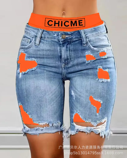 Fake Two-Piece Patchwork Cutout Ripped Jeans Women Ankle Length Fashion Casual High Waist Pencil Pants Denim