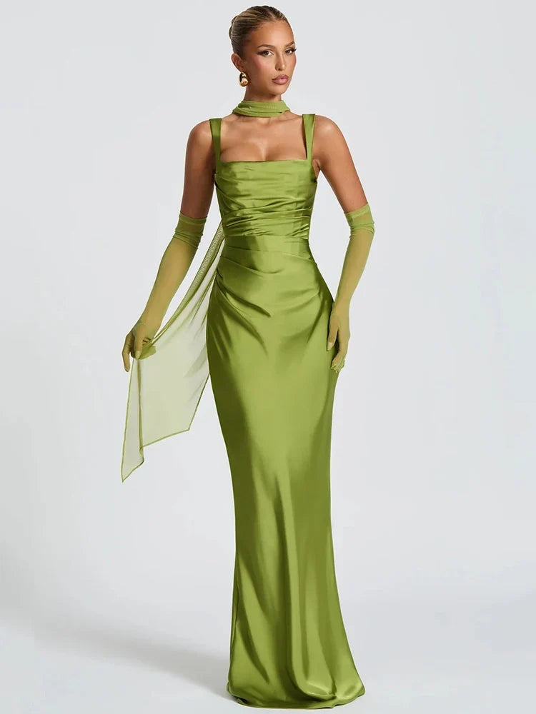 Mozision Satin Backless Sexy Maxi Dress Women Elegant Halter Off-shoulder Sleeveless Lace-up Bodycon Club Party Long Dresses