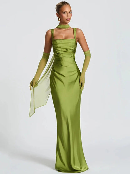 Mozision Satin Backless Sexy Maxi Dress Women Elegant Halter Off-shoulder Sleeveless Lace-up Bodycon Club Party Long Dresses