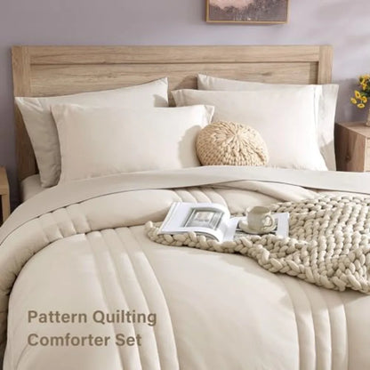 Apricot Beige Comforter Set – 7 Piece Bedding in a Bag, Soft All-Season King Comforter