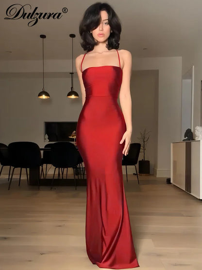 Dulzura Sleeveless Backless Lace Up Cami Maxi Dress Sexy Elegant Bodycon Outfit For Prom Evening Party Club Autumn Winter