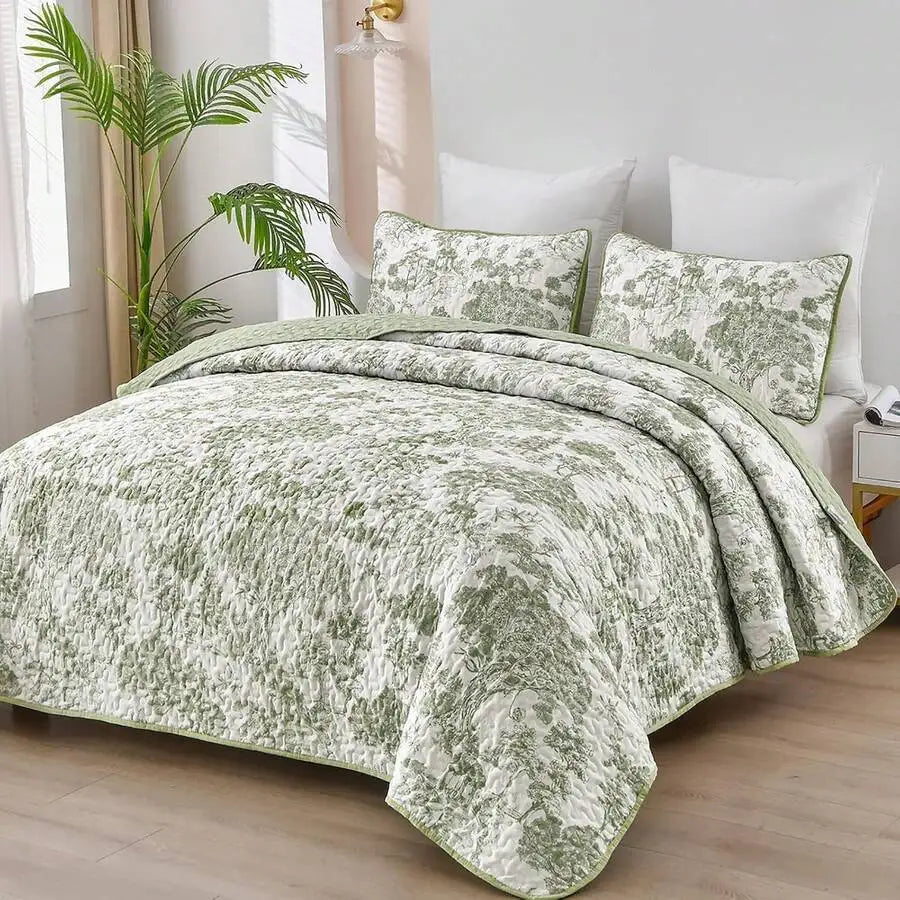 3-Piece Queen Floral Quilt Set, Lightweight Reversible Farmhouse Coverlet with 2 Pillow Shams