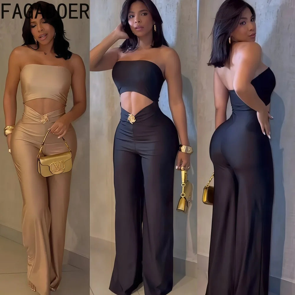 FAGADOER Sexy Hollow Out Bodycon Jumpsuit for Women Solid Color Sleeveless Backless Rompers Female Streetwear Overalls 2025 New