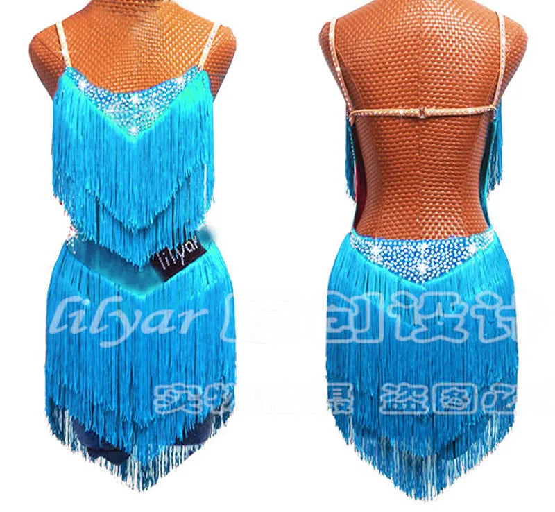 Latin Dance Dress Competition Costumes Skirt Performing Rhinestones Adult Children Tassel Various Color Red  White