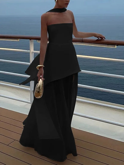 Summer New Women Dresses Streetwear Fashion Ribbon Zippers Split Maxi Dress Solid Sexy Sleeveless Strapless Lady Dress Clothing