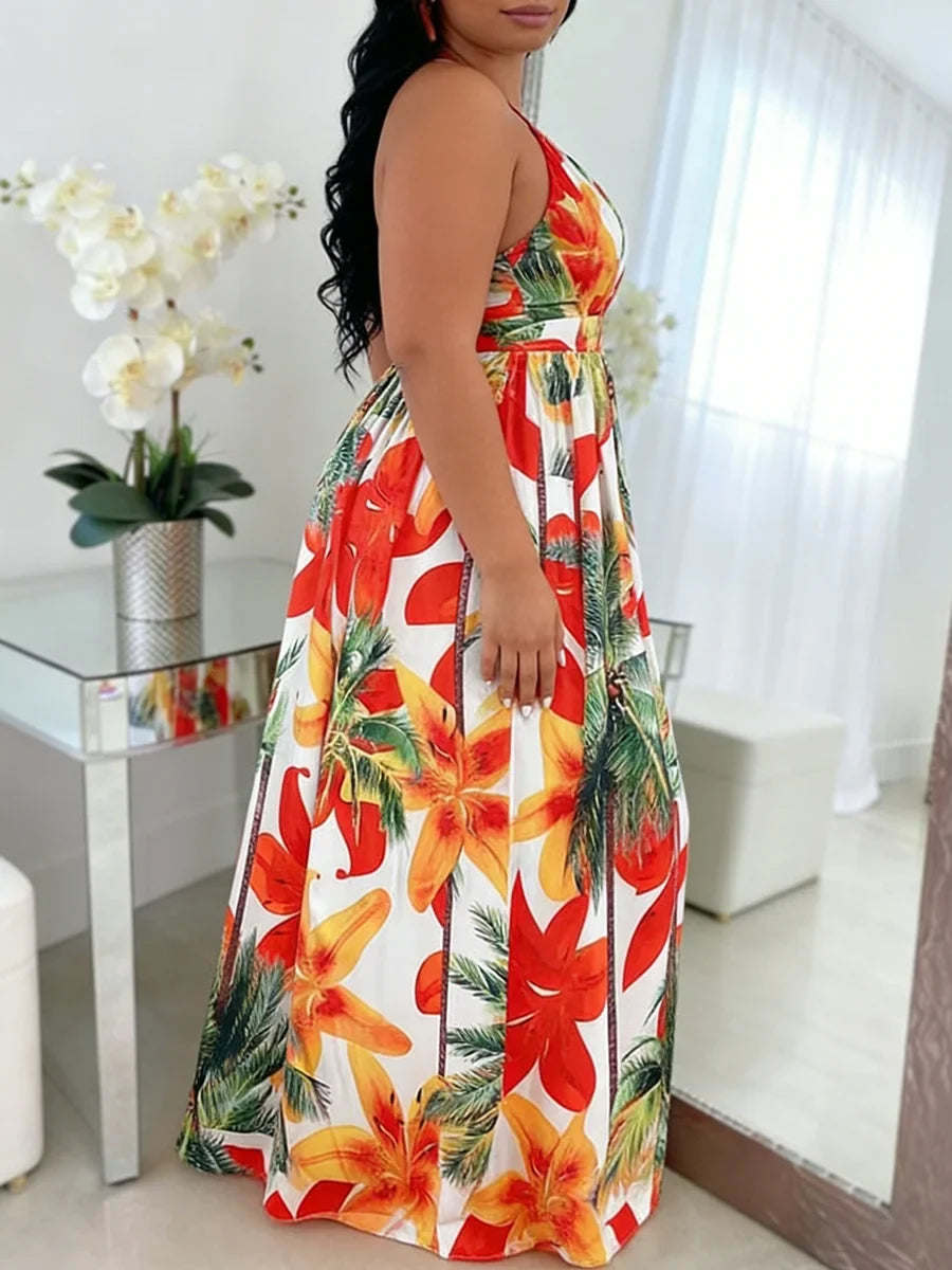 Plus Size Women's Dress Halter Neck Deep V Tropical Print High Waist Maxi Dress Boho Spring Summer Beach Vacation Light Dress