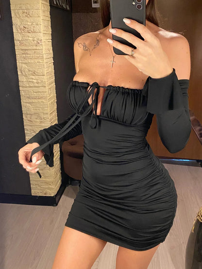 Autumn Pleated Ruched Bodycon Dresses Sexy Off Shoulder Long Sleeve Dress For Women Club Party Tight Mini Dress Vestidos D084M