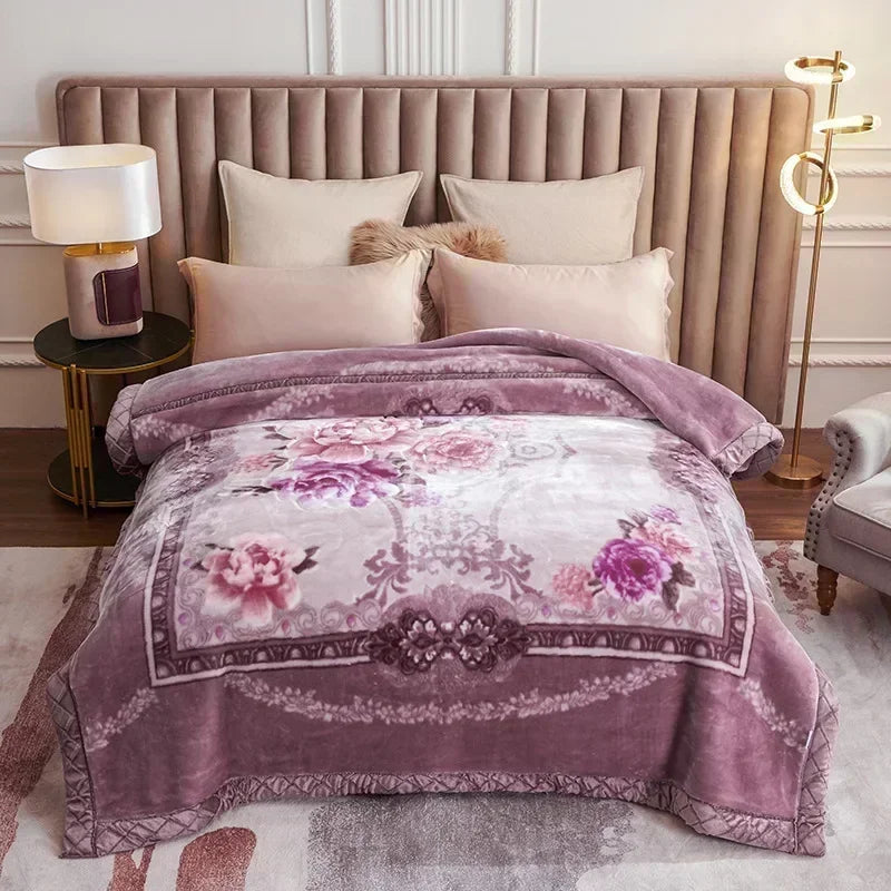 Korean Raschel 2-Ply Heavy Fleece Blanket, 78x90 Queen Size Reversible Geometric Plush Blanket