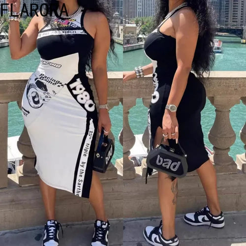 FLARORA Fashion Y2k Letter Print Bodycon Dresse Woman Round Neck Sleeveless Slim Fit Dress Female Streetwear Vestidos Summer New