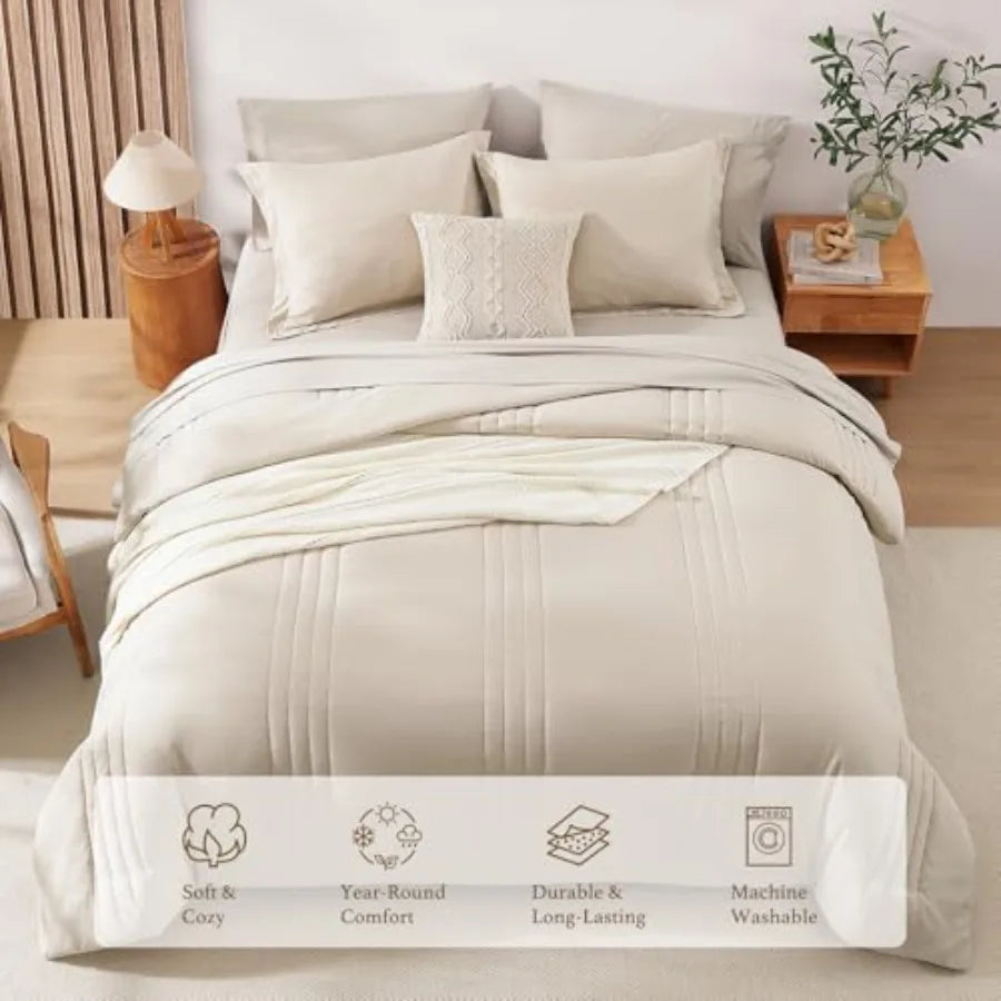 Apricot Beige Comforter Set – 7 Piece Bedding in a Bag, Soft All-Season King Comforter