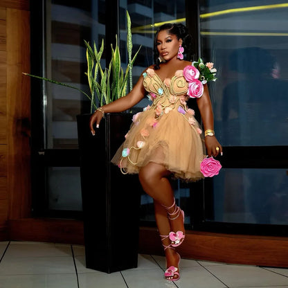 Amazing Blossom 3D Flower Short Tulle Women Party Dresses Pretty Champagne Floral A-line Tulle African Dress