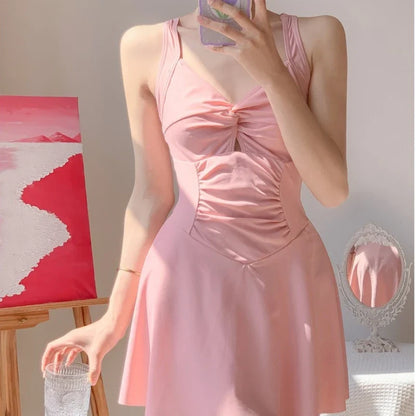 Sexy Halter Neck One Piece Swimsuit Women Elegant Modest Tummy Control Push Up Slimming Beachwear for Hot Spring Vacation