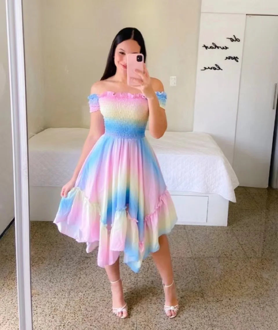 Dresses Summer Ladies Sexy Off Shoulder Flower Print Dress Elegant Short Sleeve Elastic Irregular Casual Dress Vestido De Mujer