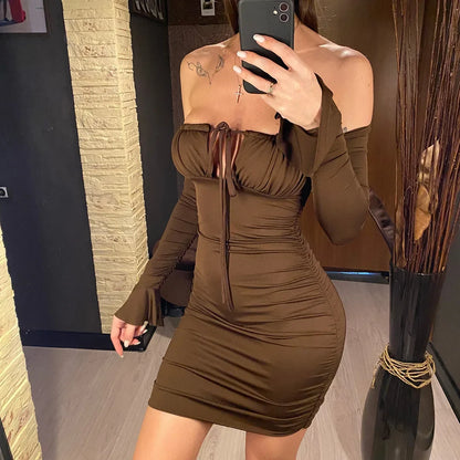 Autumn Pleated Ruched Bodycon Dresses Sexy Off Shoulder Long Sleeve Dress For Women Club Party Tight Mini Dress Vestidos D084M