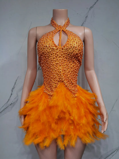 Fashion 2025new sexy Latin dance dress with airy hollow design, feather skirt hanging neck skirt