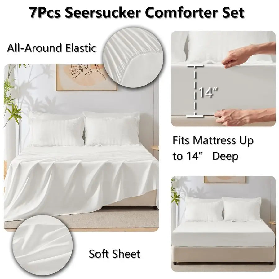 7-Piece Winter White Queen Bedding Set with Down Alternative Comforter, Soft Microfiber Sheets