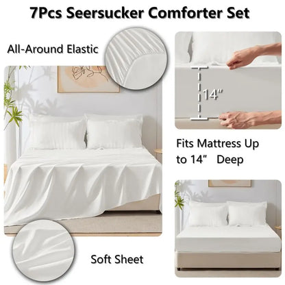 7-Piece Winter White Queen Bedding Set with Down Alternative Comforter, Soft Microfiber Sheets