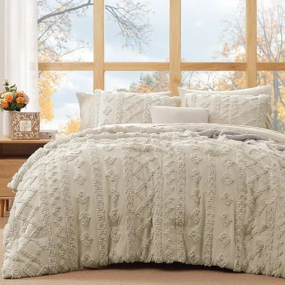 7-Piece Tufted Comforter Set in Beige – Soft, Elegant Boho Farmhouse Bedding Upgrade