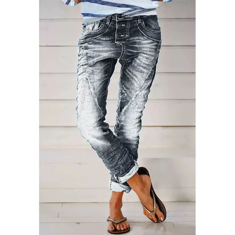 Jeans for Women Drawstring Elastic-waisted Jeans Casual Button Baggy Jeans Women Trousers Straight Women Wide-leg Pants Slouchy