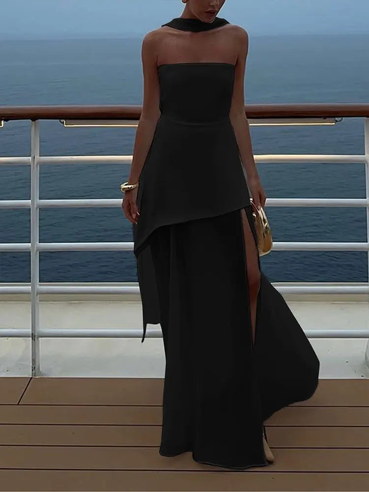 Summer New Women Dresses Streetwear Fashion Ribbon Zippers Split Maxi Dress Solid Sexy Sleeveless Strapless Lady Dress Clothing