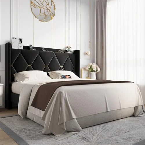 Luxury Velvet Bed Frame with Built-In USB Charging, Diamond Tufted Wingback Design