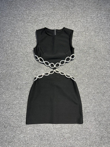 2025 Women Celebrity Sexy Sleeveless Hollow Out Diamonds White Midi Bodycon Dress Elegant Evening Club Party Outfit