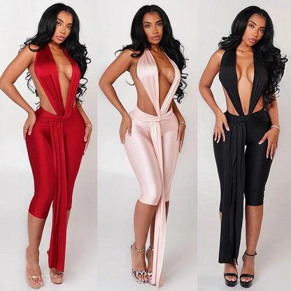 Sexy Halter V Neck Jumpsuits 2025 Women Summer Club Elegant Bodycon Luxury One Piece Party Shiny Jumpsuit Bodysuit Playsuit
