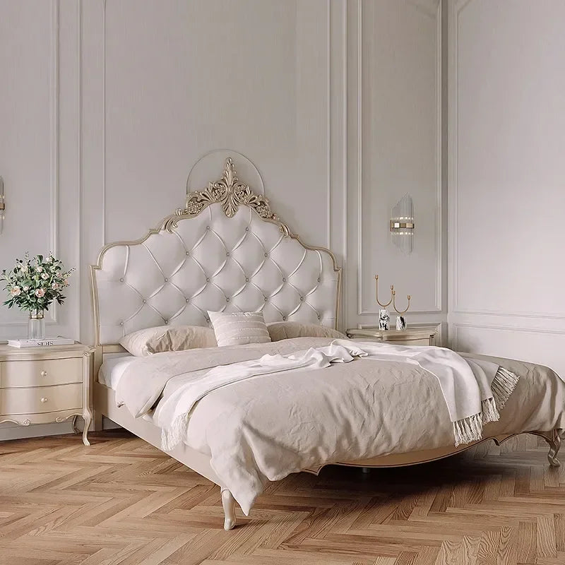 Luxury Wood Bed Set with Vintage European Design & Elegant Gold Nightstands