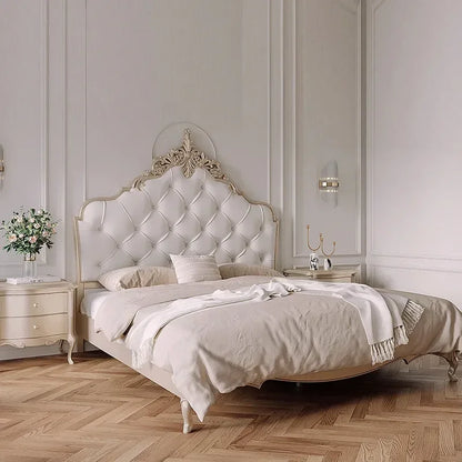 Luxury Wood Bed Set with Vintage European Design & Elegant Gold Nightstands