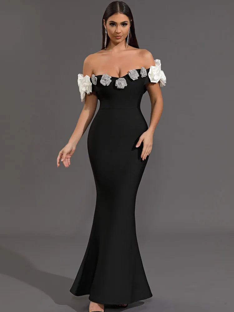 Women Celebrity Sexy Off Shoulder Flower Black Maxi Long Bodycon Bandage Dress 2024 Knitted Elegant Evening Club Party Outfit