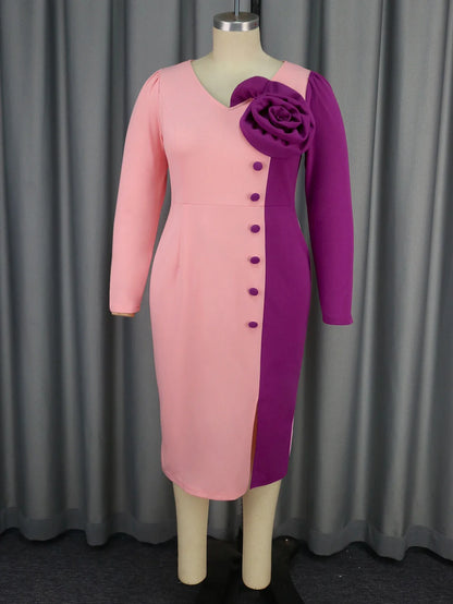 Elegant Women Colorblock Bodycon Dresses V Neck Long Sleeves 3D Flowers Buttons Slit Party Church Office Ladies Work Waer New