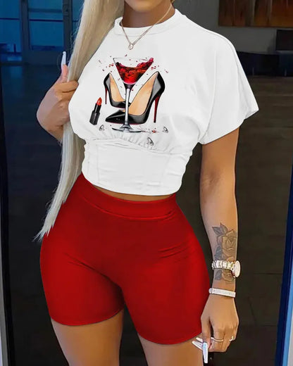 Casual O-neck Short Sleeve T-shirt Shorts Set Office Lady Summer Letter Print Tops Solid Shorts Two Piece Set Women Outfit 2024