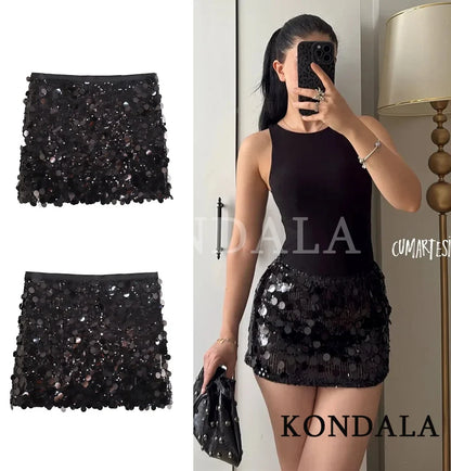 KONDALA Sexy Party Sequined Mini Skirts Women's Hip Wrap Sequin Mini Skirts 2026 Spring Summer Fashion Dinner Date Ladies Skirts