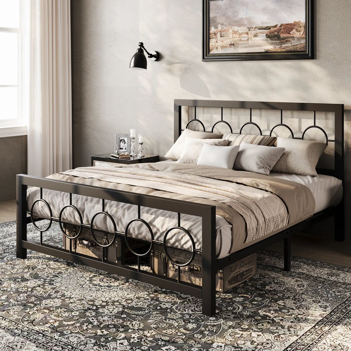 Vintage Modern Bed Frame with Heavy-Duty Iron, Under-Bed Storage, No Box Spring Needed, Black/Brown