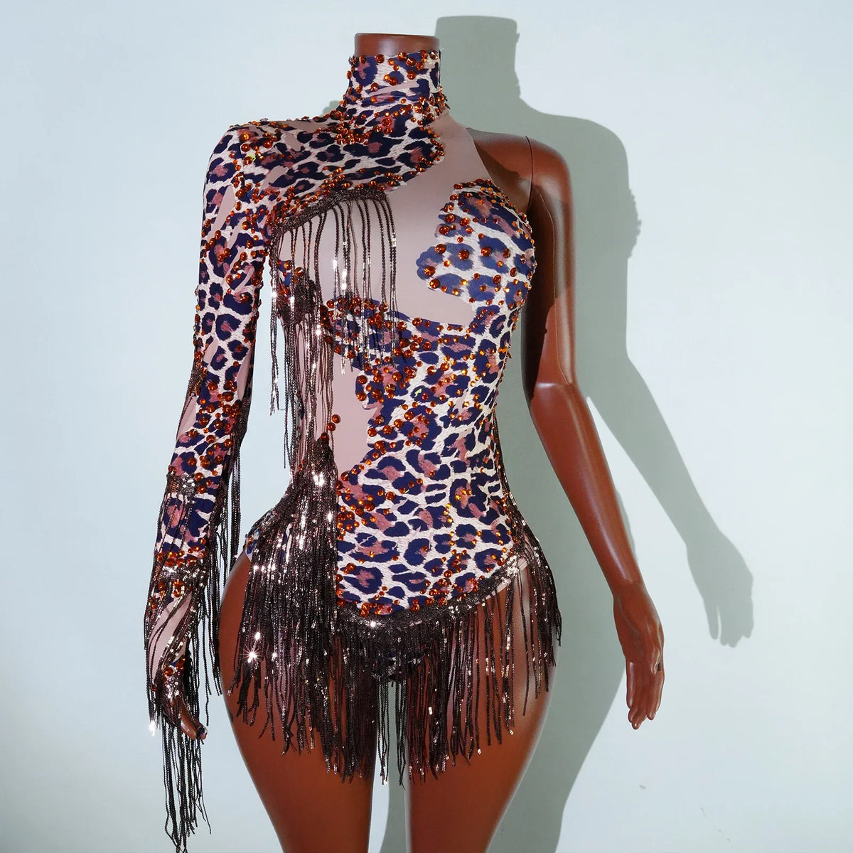 NEW womens bodysuit Sexy Leopard sequin tassels High Collar Bodycon team performance pole dance drag queen outfit singer stage