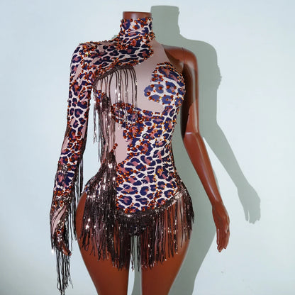 NEW womens bodysuit Sexy Leopard sequin tassels High Collar Bodycon team performance pole dance drag queen outfit singer stage