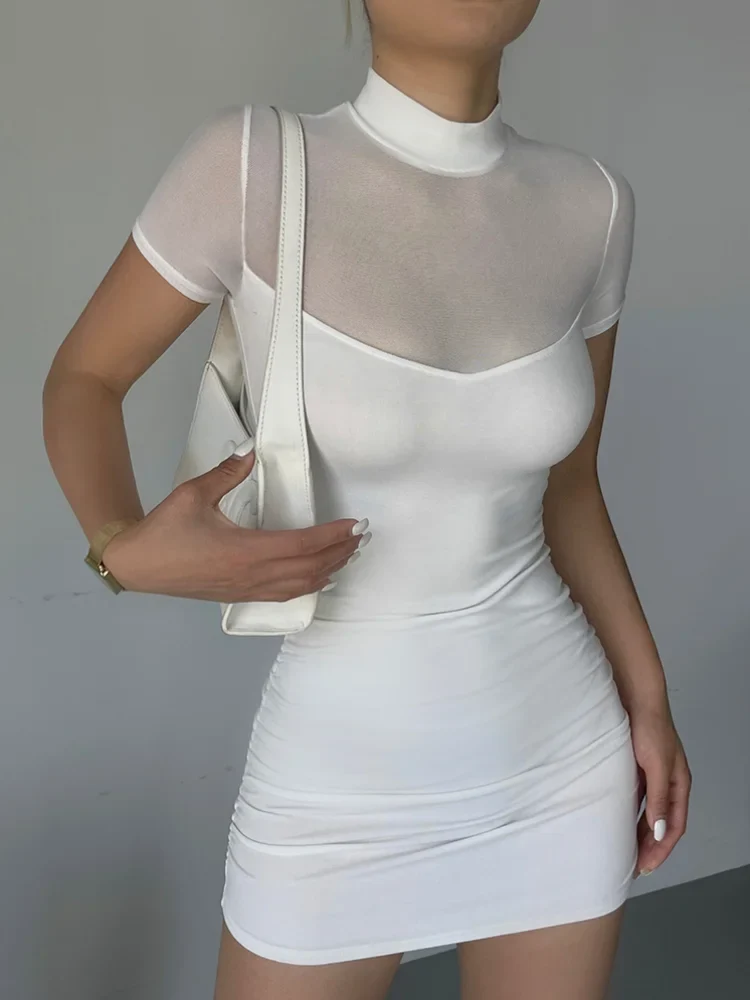 Summer Hot Girl Sexy Dresses Bodycon Club See Through Mesh Splicing Slim Short Sleeved Mini Dress for Women