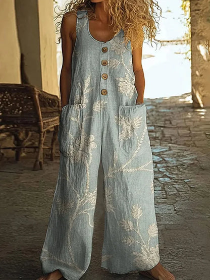Fashion Printed Jumpsuit Casual U-neck Button Pocket Sleeveless Wide Leg Jumpsuit Spring Summer New Commuter Women Clothing