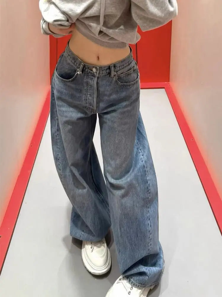 HOUZHOU Baggy Blue Jeans Women Vintage Y2k Letter Rhinestone Straight Denim Trousers Streetwear High Waist Wide Leg Jeans Chic
