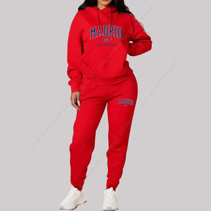 New Ladies TrackSuit Autumn Winter Hoodies Sweatshirts Sweatpants 2 Piece Outfits Madrid Print Trend Sportwear Women Pants Sets