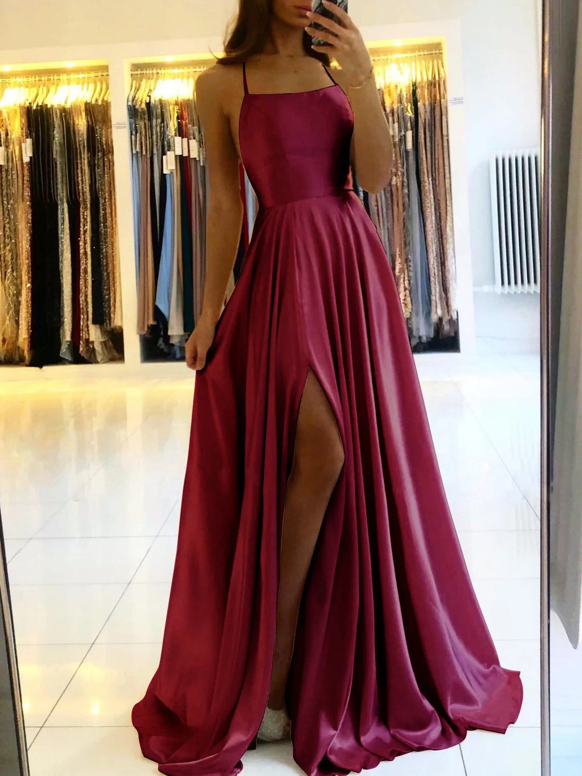MisShow Satin Cowl Neck Tie Straps Maxi Women Summer Dresses Sexy High Slit Bridesmaid Evening Prom Party Dress for Night out