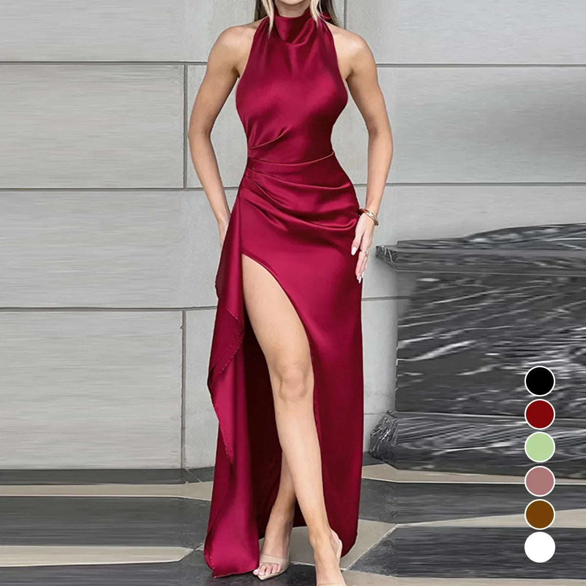 2026 New Arrival Women Round Neck Sexy Ruched Backless Bodycon Maxi Dress Split Long Dress